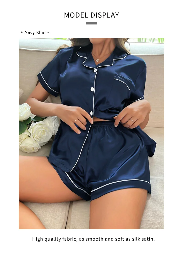 Sommer Seide Satin Frauen Pyjamas Set Button Down Top & Shorts 2 Stück Nachtwäsche gekerbten Kragen Nachtwäsche Lounge wear für Frauen – Detail 5