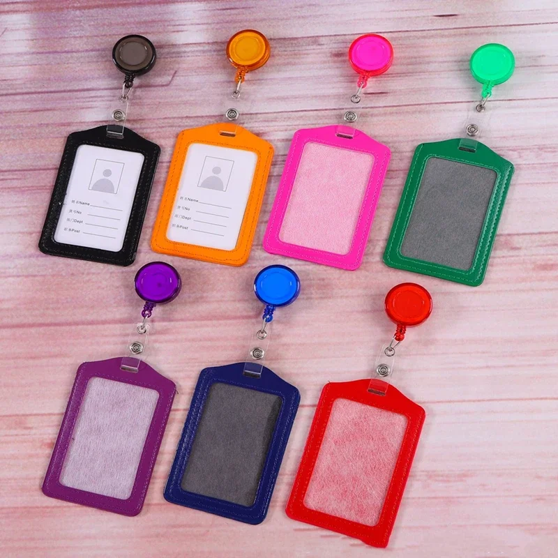 

Student Solid PU Leather Cards Holder with Retractable Badge Reel Nurse Doctor Work Name ID Credit Card Holder Office Supply