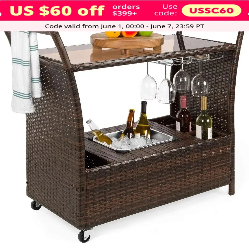 

Rolling Cooler Cart , Wicker Bar Cooling Cart W/ Ice Bucket, Glass Counter Top, Patio Cooler Carts for Beverage