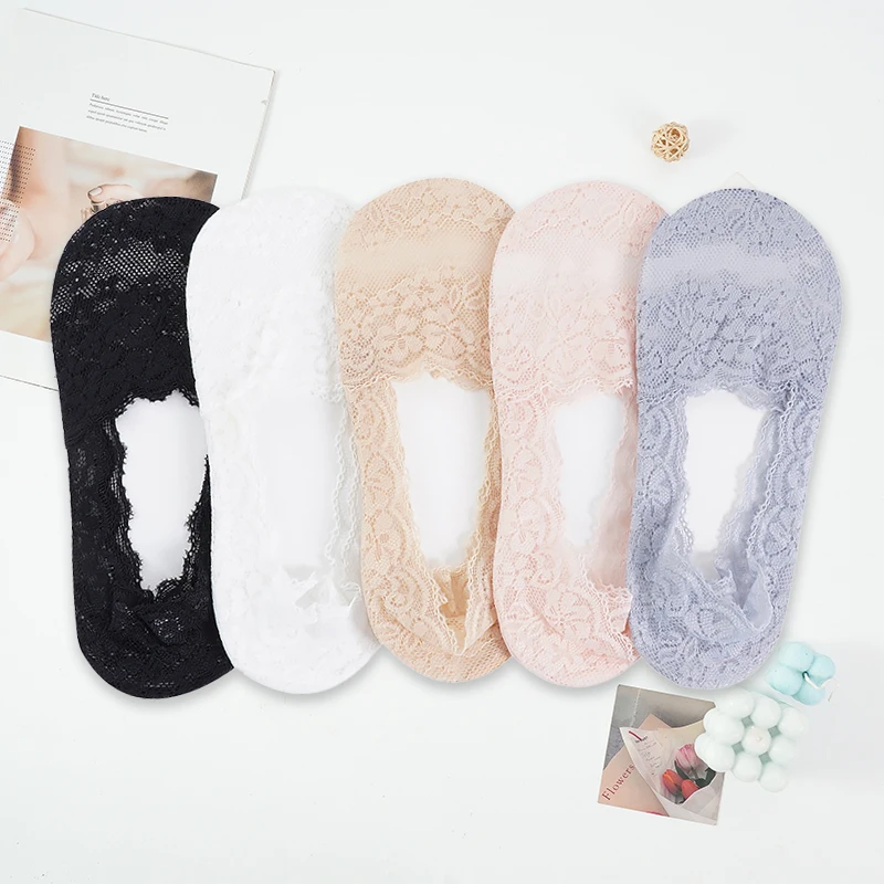 Women Lace Socks Shallow Mouth Slipper Cotton Female Socks Bottom Silicone Non-slip Invisible Cute Set 5 Pairs womens socks women socks patterned socks printed ankle socks breathable cotton socks summer socks cute women socks