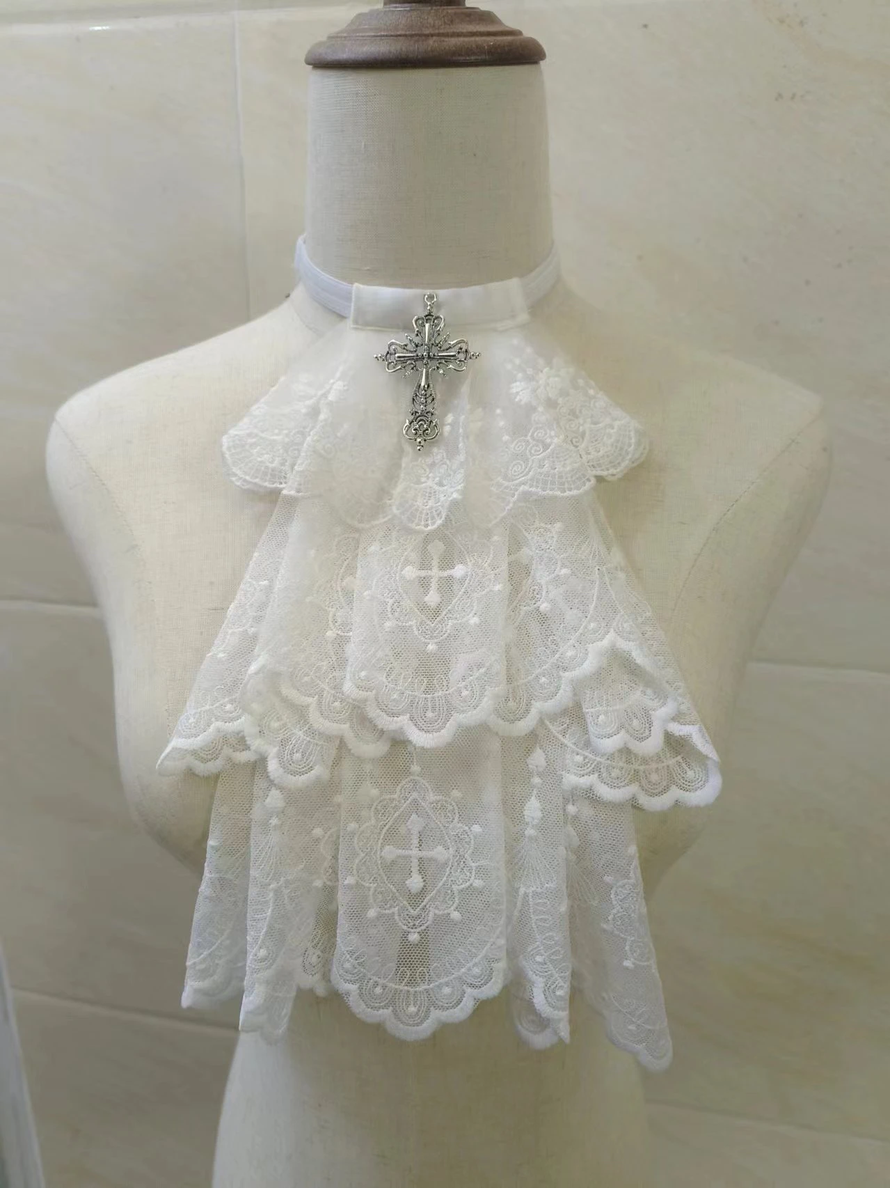 Original Handmade Cross Lace Jabot Neck Collar Lolita Accessories Gothic Cosplay Layered Ruffle Detachable Collar