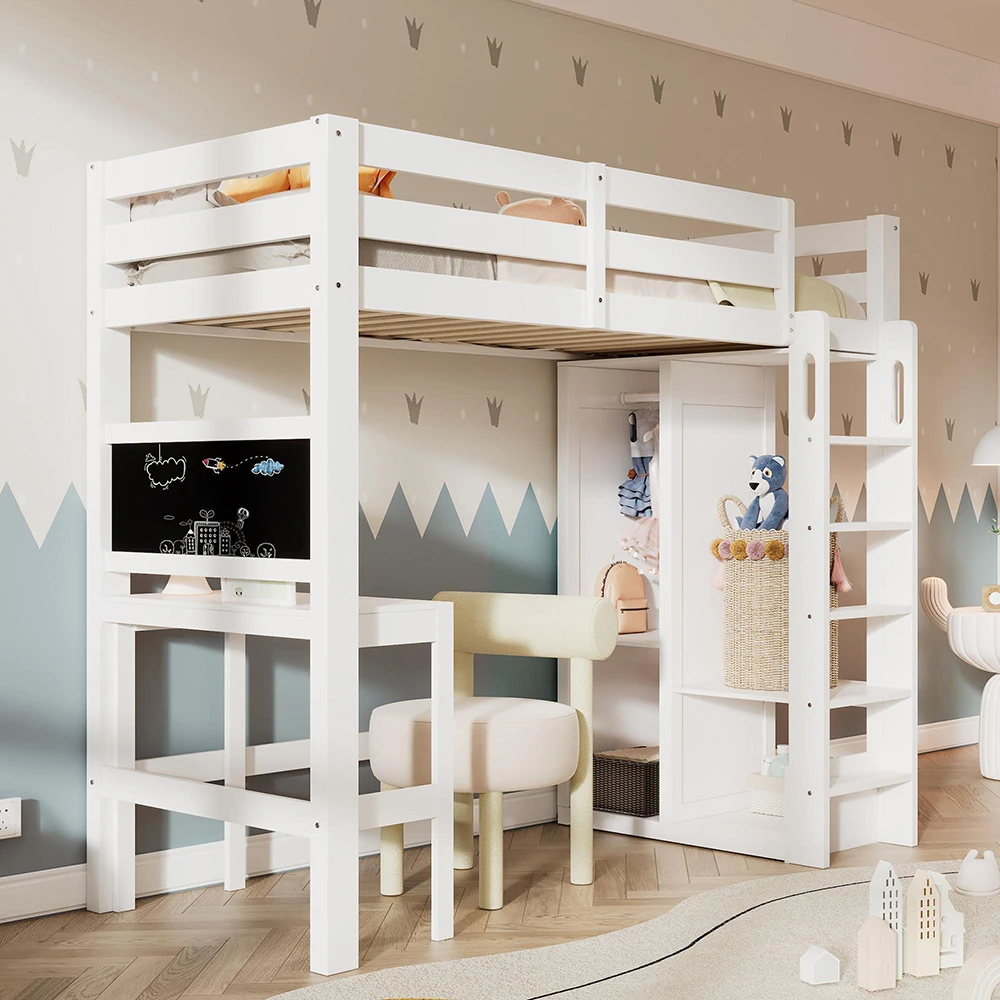 KOMHTOM Weißes Kinderhochbett 90x200cm, Mit Schreibtisch, Offenem Kleiderschrank, Regalen, Rausfallschutz (ohne Matratze) – Detail 3