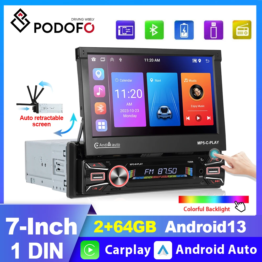 

Podofo Universal 7'' HD Retractable Touch Screen 1din Android Car Stereo Radio Multimedia Player FM Receiver Support TF/USB