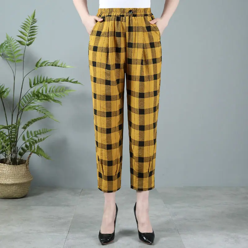 2024 Women's Summer New Patchwork Casual Ankle Pockets High Waisted Cotton Linen Casual Checkered Nine Point Straight Leg Pants