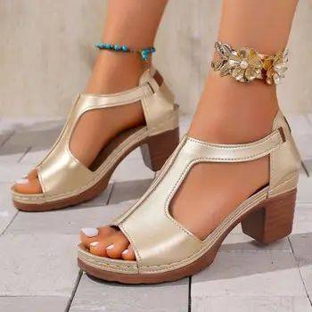 Vintage Peep Toe High Heels Sandals Women Summer 2026 Gold Elegant Light Weight Gladiator Sandals Plus Size Women Comfort Shoes 1
