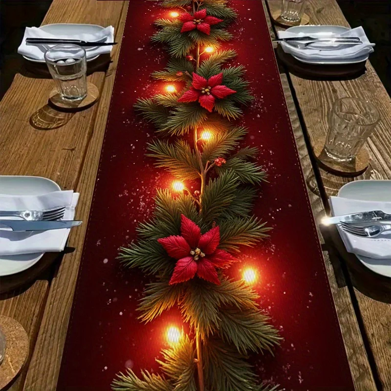 1 Stück Weihnachts-Tischflagge mit Kieferenzweig-Aufdruck und Magenta-Muster-Dekoration, geeignet für mehrere Szenarien, Weihnachtsgeschenke für zu Hause