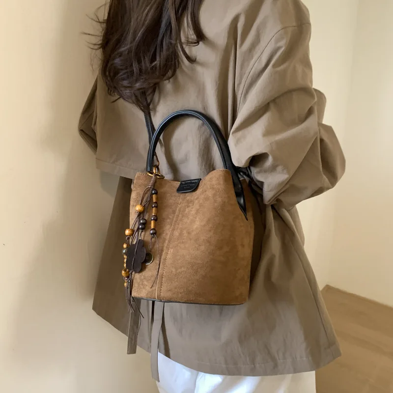 Vintage Matte Suede Bucket Bag Lazy Style Fashion Handbag Tote Sub Bag Casual Shoulder Crossbody Bag for Women