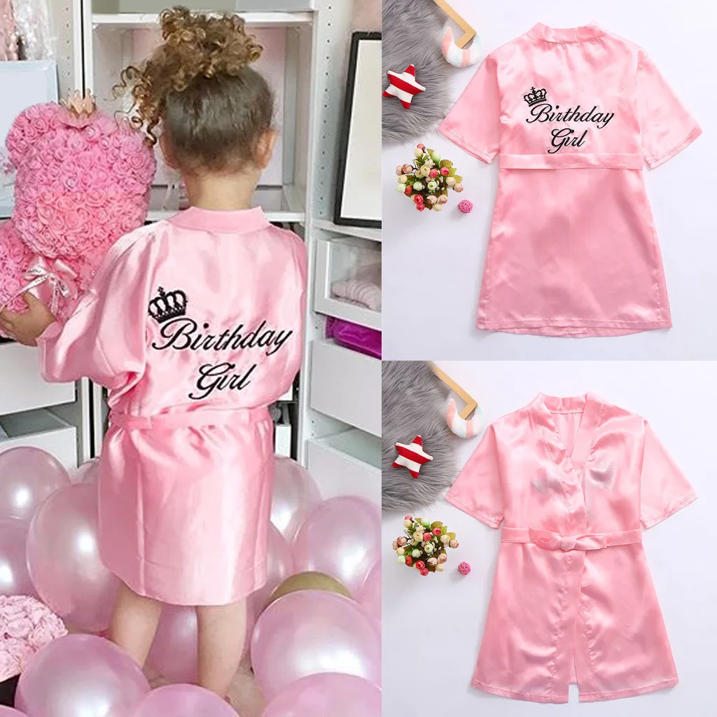 Kids Bathrobe Girls Birthday Letter Silk Satin Bathrobe Sleepwear