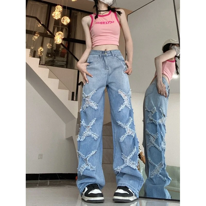 American Vibe High Waist Jeans Women's Retro Washed Ripped Ins Loose Straight Wide Leg Pants Streetwear Casual Denim Trousers