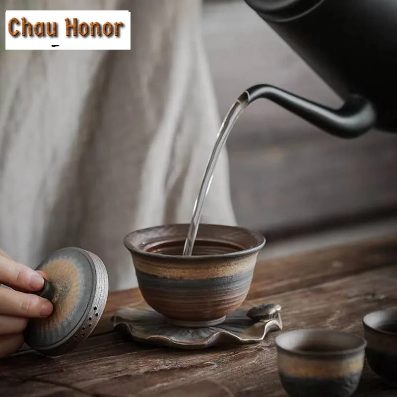 Vintage Rust Glaze Lotus Ceramic Gaiwan Retro Tea Tureen Tea Bowl with Lid Kit Tea Making Cover Bowl Drinkware Accessories Gift