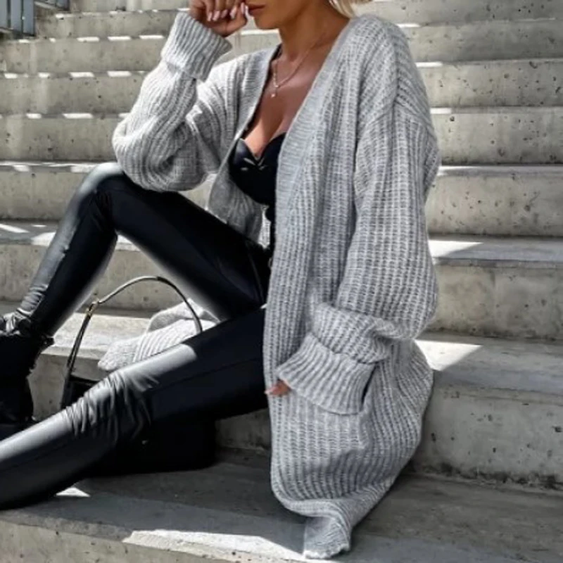 

Autumn Winter Solid Rib Knitted Sweater Cardigans Women V-neck Open Stitch Top Coat Elegant Long Sleeve Pocket Jacket Outerwears