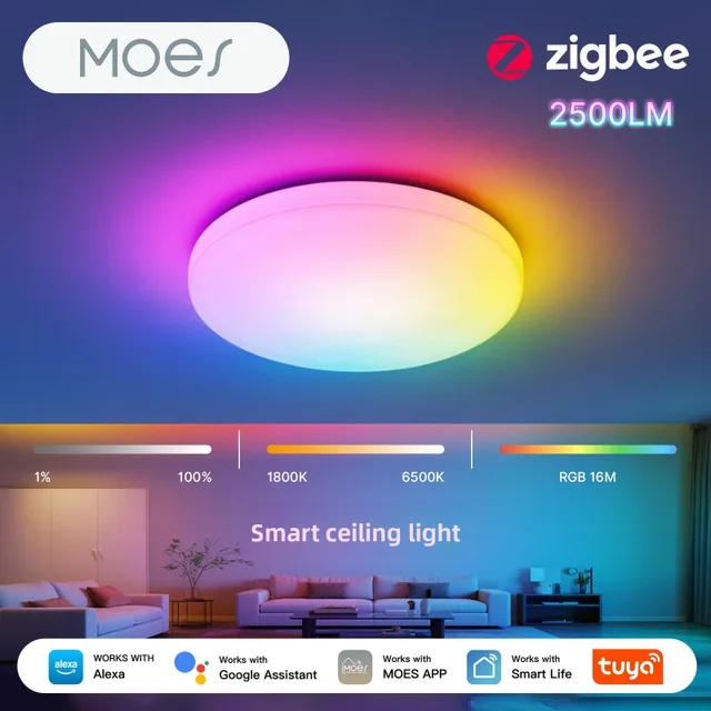 MOES Tuya ZigBee Smart Ceiling LED Light Ambient Lamp Color Temp Tunable RGB Dimming App VoiceControl Work with Alexa GoogleHome 1