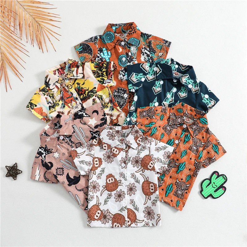 Children Shirts Baby Boys Button Up T-shirt Casual Cow's Head Print Lapel Short Sleeve Tops Toddler Summer Clothes Shirt