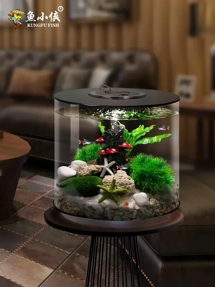 Cylindrical Aerobic Fish Tank Living Room Home Desktop Silent Aquarium  Small Ecological Lazy Artificial Landscape Decoration LED