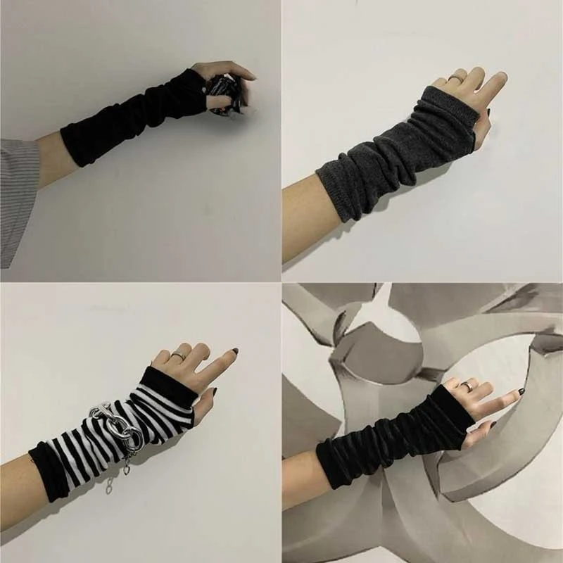 Black Punk Long Fingerless Gloves Cuff for Women Men Outdoor Hip-hop Glove Elbow Mittens Cool Stretch Winter Arm Warmer Mitten