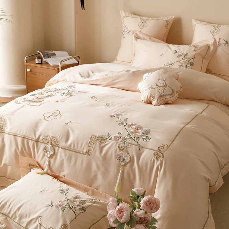 Romantic French Wedding Chic Flowers Lace Edge Woman Bedding Set 1000TC Egyptian Cotton Girl Duvet Cover Bed Sheet Pillowcases