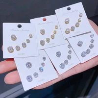 Classic 3 Pairs Square Heart Round Cubic Zircon Stud Earrings Set Gold/Silver Color Crystal Jewelry 2