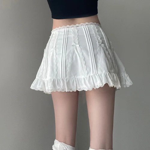 IAMHOTTY 로리타 스타일 레이스 패치워크 보우, 귀여운 A라인 미니 스커트, 페어리코어 미학적 반바지 스커트, 프레피 스타일, 카와이 코케트 4