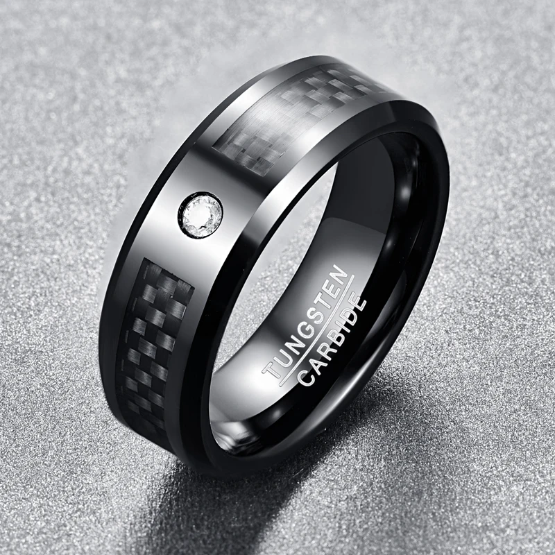 BONLAVIE 8mm Tungsten Carbide Ring Black Polishing Round Zircon Black Carbon Fiber Ring Engagement Wedding Rings for Men 2