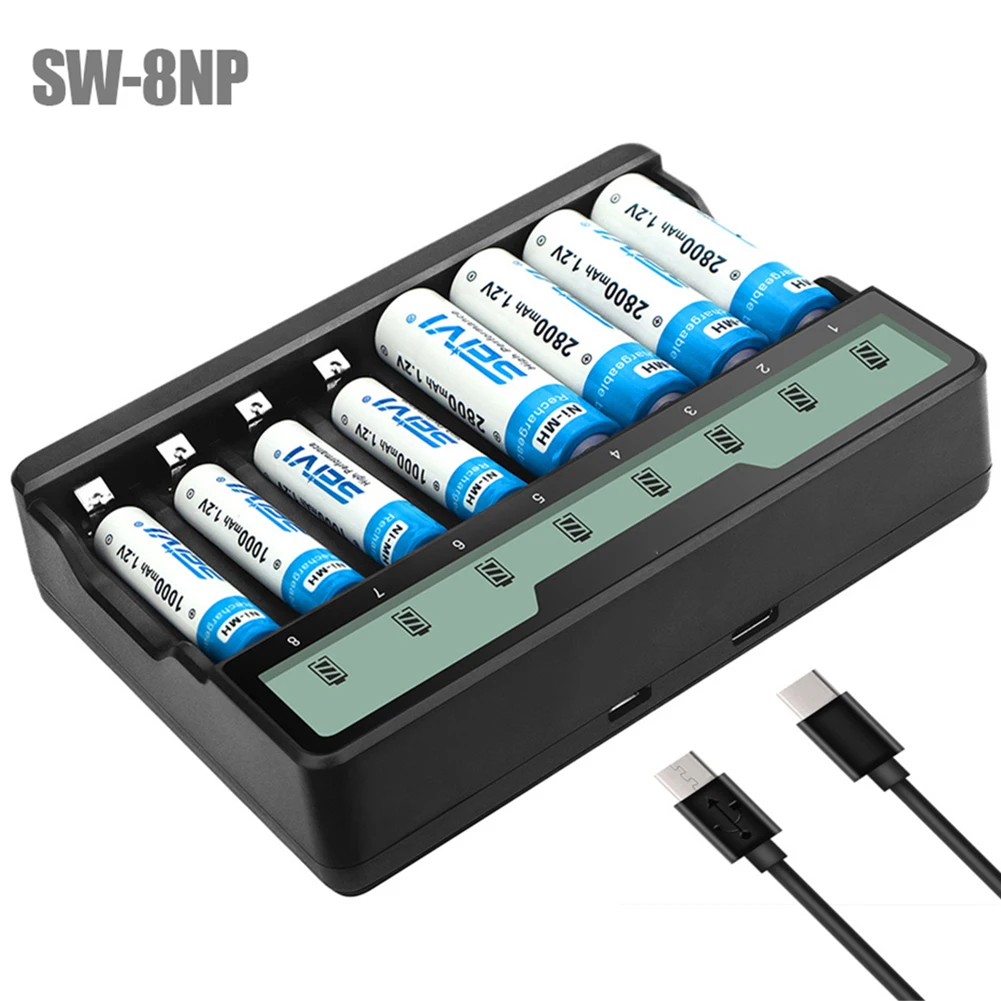 스마트 배터리 충전기 LCD 디스플레이 지능형 충전기, AA/AAA NiCd NiMh 충전식 NO.5 NO.7 USB C타입 충전기, 8 슬롯