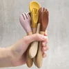 2PCS Silicone Spoon Fork For Baby Utensils Set Baby Feeding Spoon Cutlery Food Grade Material Wooden Handle Spoon Baby Items 3