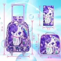 3PCS Rolling Backpack for Girls Kids Roller Wheels Bookbag with Lunch Bag Purple Cat Pattern Design Glow-in-the-Dark Function 3