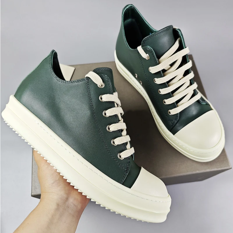 Male Sneakers Leather Shoes for Men Green Solid Couple Shoes O-wen Lace-up Streetwear Women's Sneakers 4