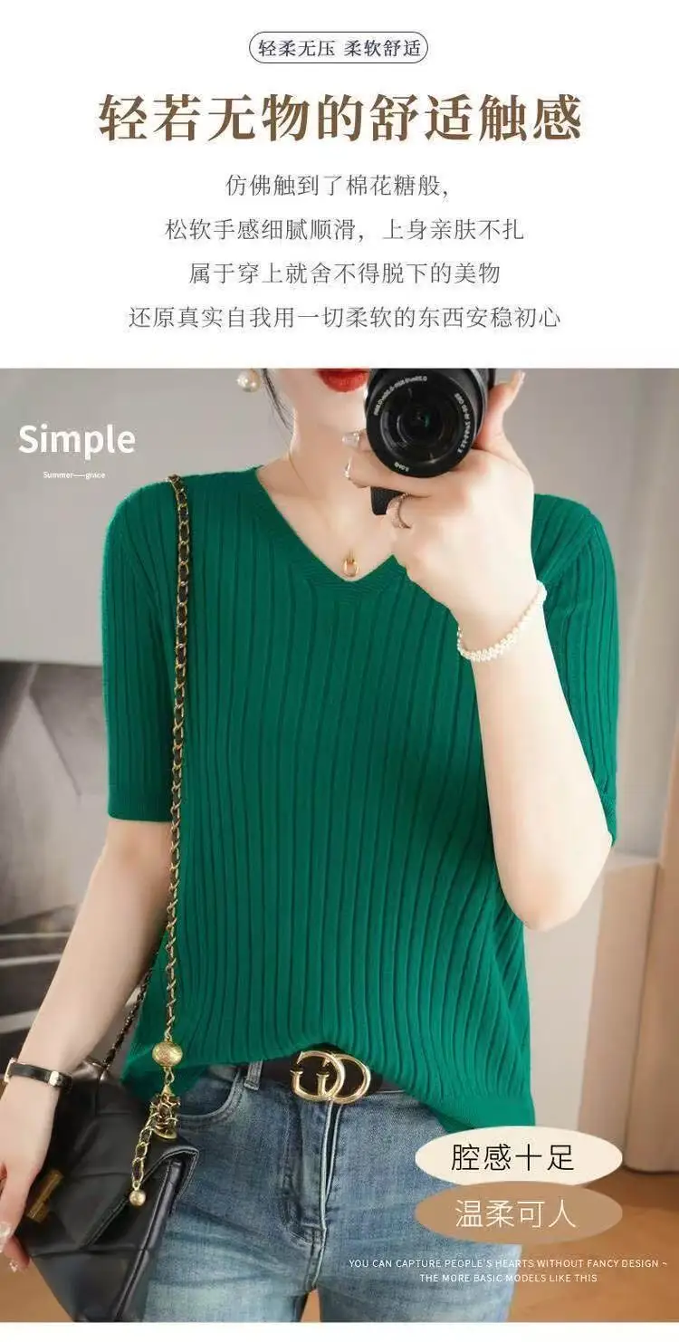 Summer New Loose Women's Wool Knitted V-ne ort Sve T-irt Spring Autumn Base irt Top Comfortable Breathable