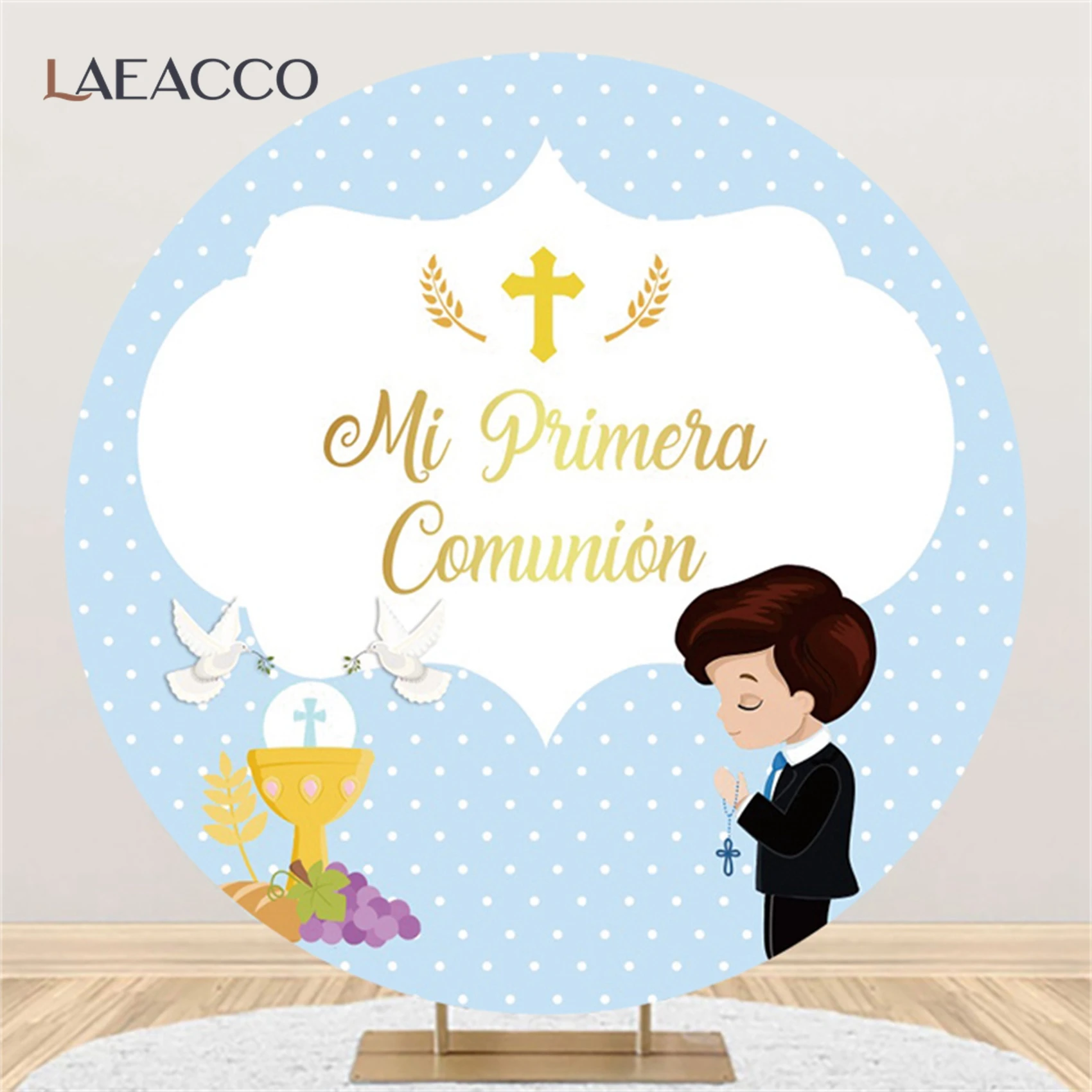 Laeacco Custom Blue White Dot Cross Mi Primera Comunion Round Background Banner Photography Circle Photocall Sfondo Decor Prop