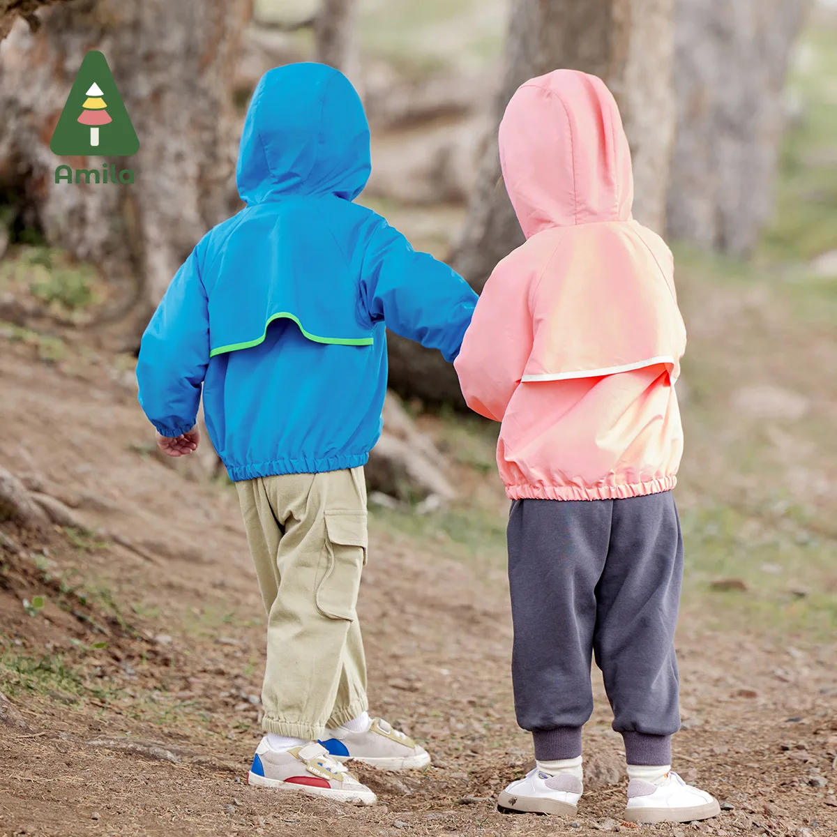 Amila Spring Girls & Boys Jacket Vibrant Outdoor Hooded Rain Stain Anti-Static Contrast Patchwork Coat