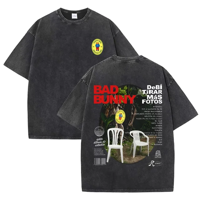 T-shirt vintage délavé Bad Bunny Debi Tirar Mas Fotos DTMF 2025 Album Hip Hop Tee Homme Femme Oversize 2026 Été Streetwear 1