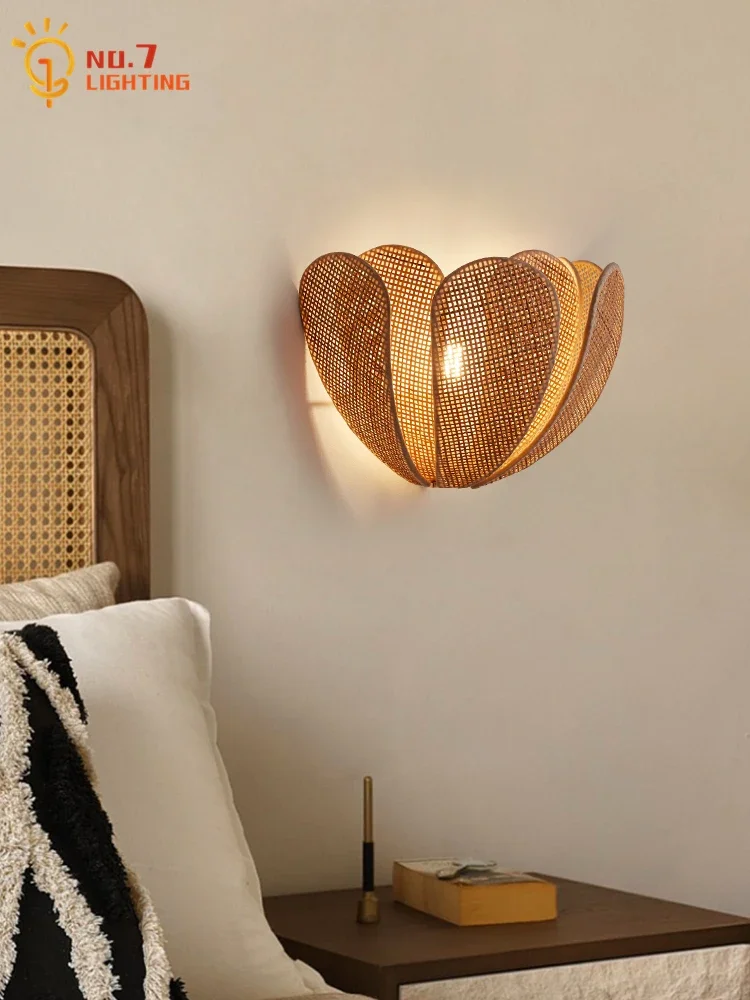 Japanese Wabi-Sabi Rattan Weaving Petal Wall Lamp LED E27 Atmosphere Art Decorative Wall Mounted Modern Light Fixtures Luminaria 4