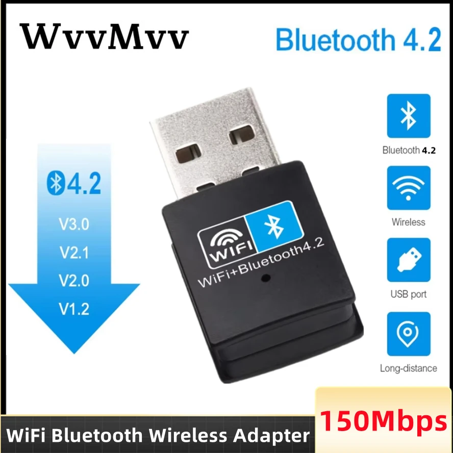 WiFi Bluetooth Wireless Adapter USB Adapter 2.4G Bluetooth V4.2 Dongle Network Card RTL8723BU for Desktop Laptop PC 150Mbps