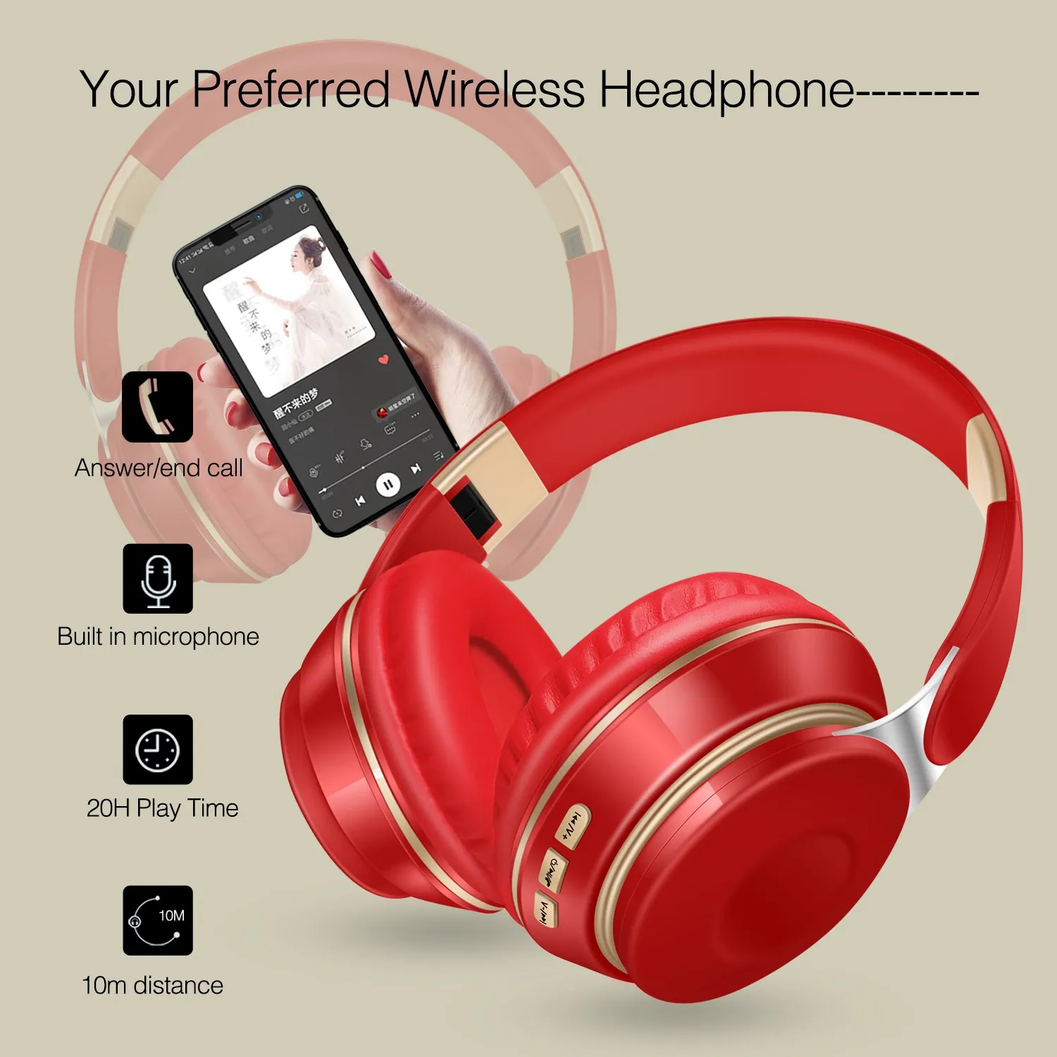 

Original Bluetooth Headphones Over Ear Stereo Wireless Headset Soft Leather Earmuffs w/Built-in Mic for PC/Cell Phones/TV