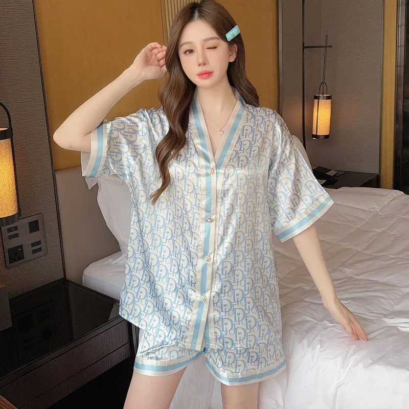 جديد السيدات الجليد بيجامة من الحرير المرأة الصيف قصيرة الأكمام الطازجة الأخضر ليوبارد طباعة التلبيب عالية القيمة بيجامة من الحرير ملابس منزلية دعوى