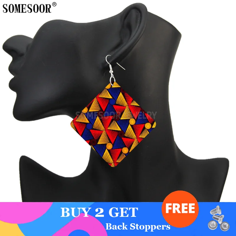 Somesoor African Ankara Fabric Design Print Wooden Drop Earrings Colorful Geometric Mosaic Afro Tribal Women Boho Dangle Jewelry