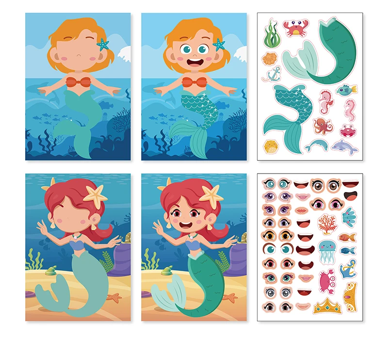 9 Styles Children Kids Make Your Own Faces Stickers Creative DIY Puzzle Games Princess Animals Dinos Girls Boys Party Favor Gift