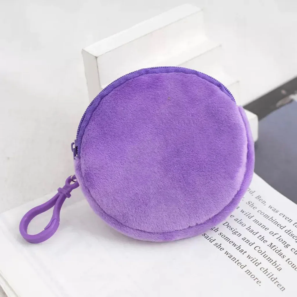 Fashionable Soft Plush Round Coin Purse with Carabiner Clip
