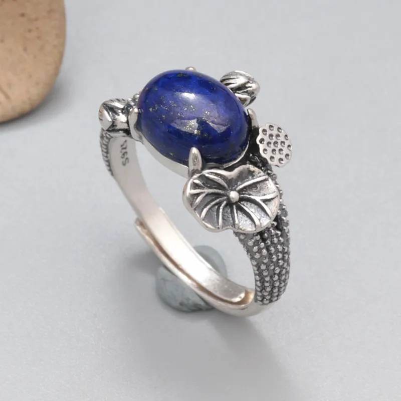 

Ethnic 925 Sterling Silver Lotus Leaf Rings for Women Girls Retro Oval Lapis Lazuli Adjustable Ring Jewelry Wholesale JZ102