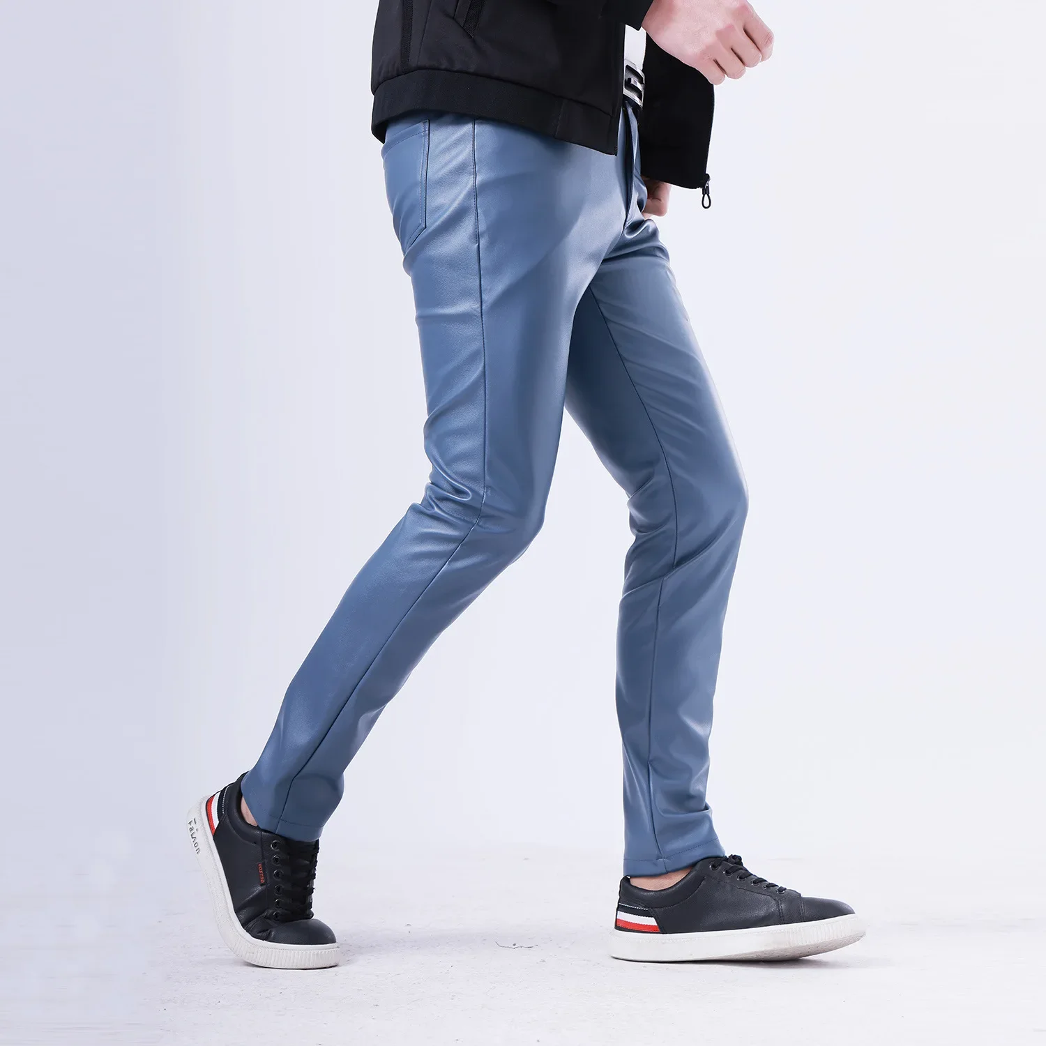 Mens Leather Pants Stretch Slim Fit White Bar for Men Spring Summer