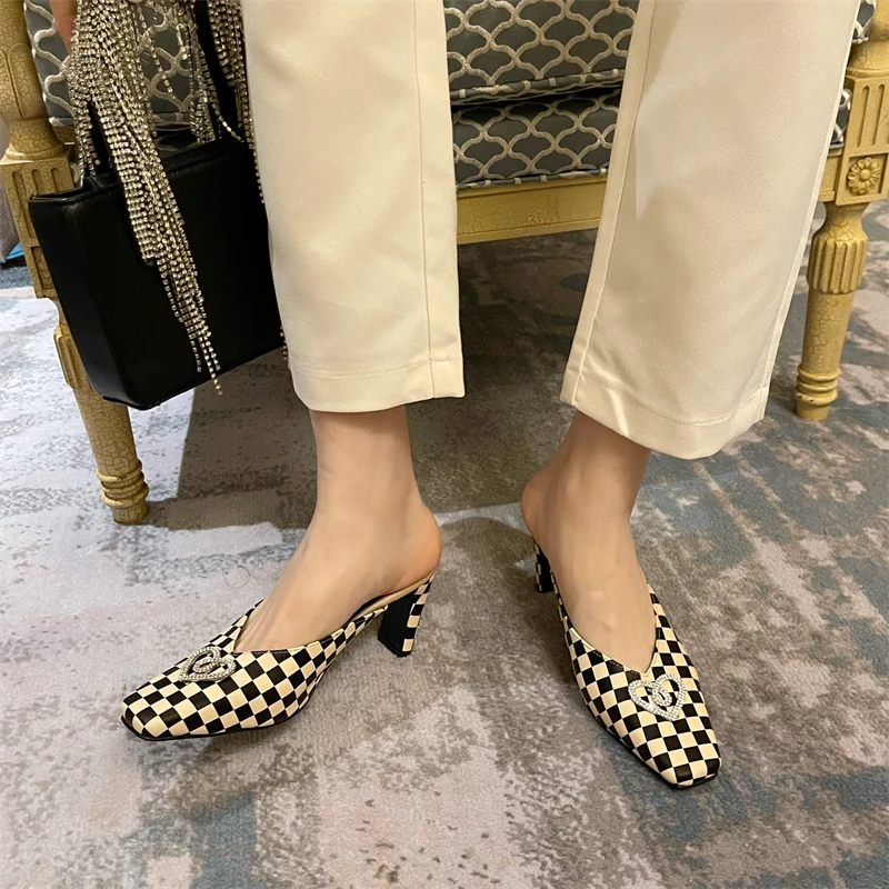 Chessboard Heart Shaped Rhinestone Women's Slippers Summer Thick High Heels Shoes Plaid Square Toe Slip On Slides Dress Shoes