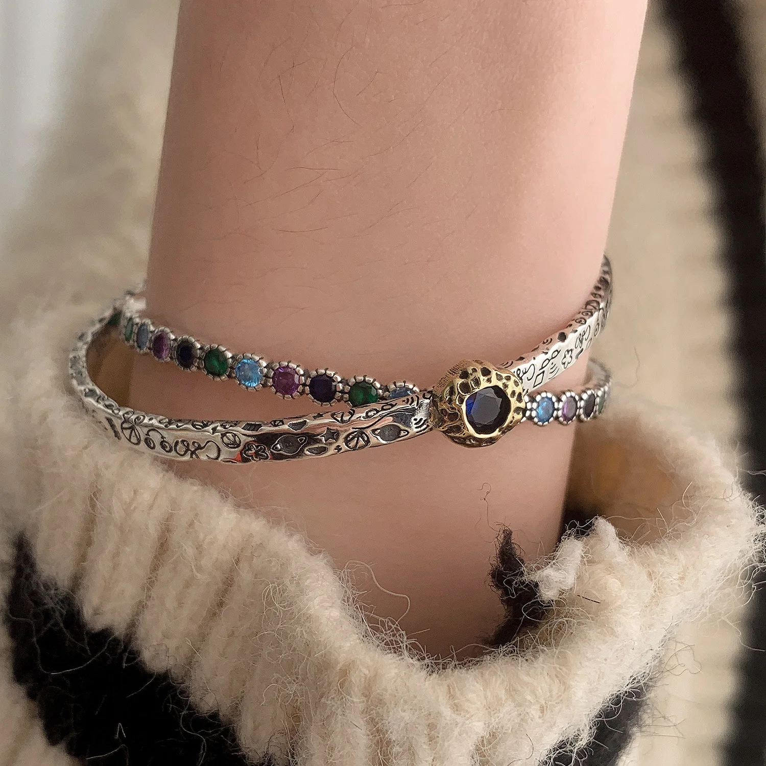 Armreif aus 925er-Sterlingsilber, Vintage-Graffiti, geometrisch, Punk, stapelbar, für Frau und Mädchen, Schmuck, Geschenk, Dropship, Großhandel – Detail 1