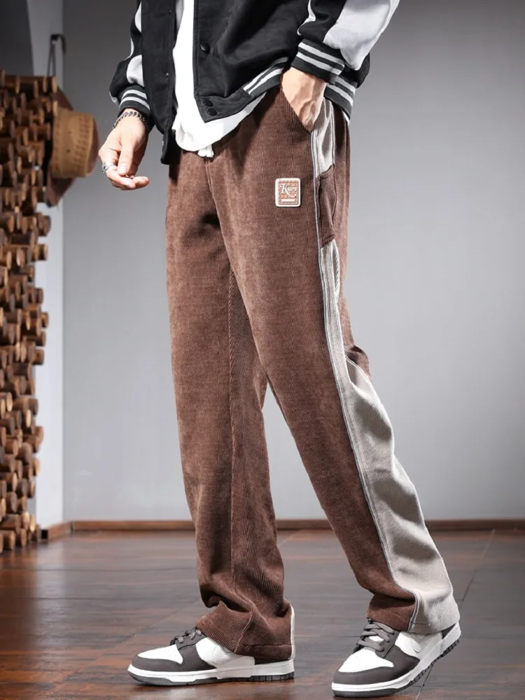 Baggy Straight Corduroy Pants Men Autumn Fashion Side Stripe Black Elastic Waist Drawstring Jogging Trousers