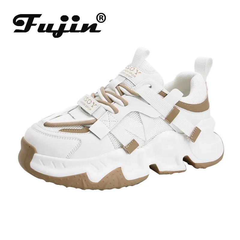

Женские кроссовки на платформе Fujin, летние дышащие кроссовки из натуральной воловьей кожи с сеткой, 6 см, 2023