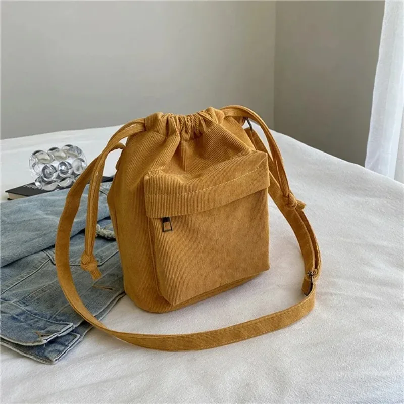 Korean Style Women's Shoulder Bag Drawstring Bucket Bag Casual Crossbody