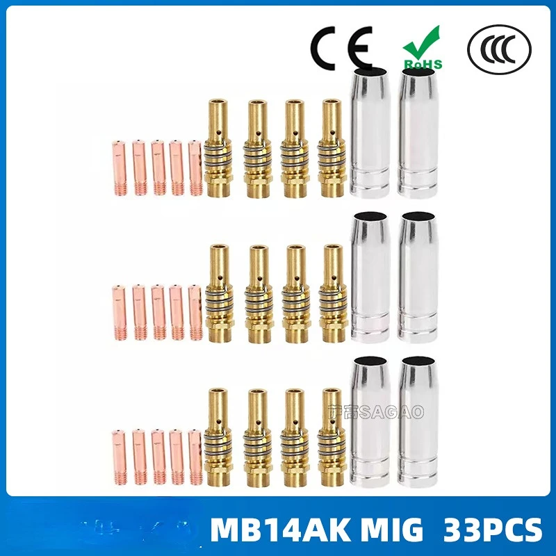 33PCS MB15AK Mig Secondary Welding Gun Accessories MB15 Contact Nozzle Protection Nozzle Conductive Nozzle