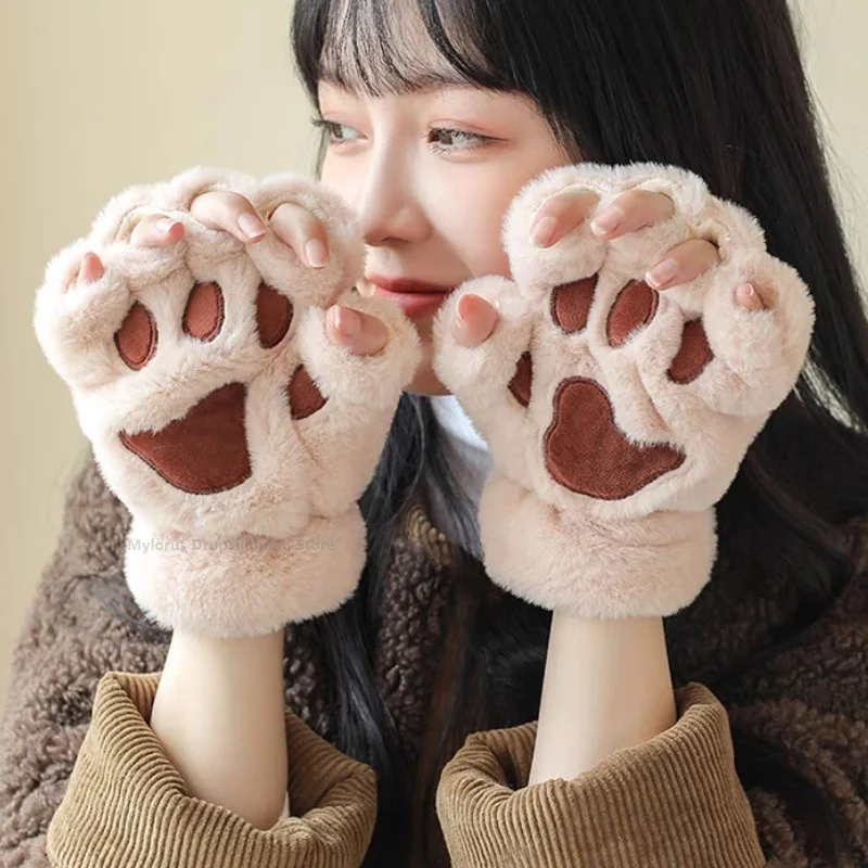 

Cute Cat Paw Gloves Warm Plush Mittens Women Short Fingerless Half Finger Winter Gloves For Men Women Thermal Kawaii Paw Gloves