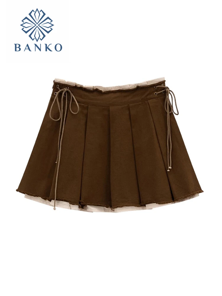 

Japanese Preppy Style A-Line Skirts American Retro High Waist Pleated Skirt Kawaii Lace-Up Harajuku Streetwear Clubwear Gyaru