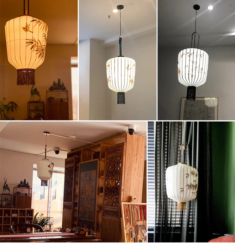 Traditionelle Laterne Malerei Pendel leuchte hand gefertigten Stoff Lampen schirm chinesische Laterne Hotel Bambus Dekor Restaurant Beleuchtung – Detail 2