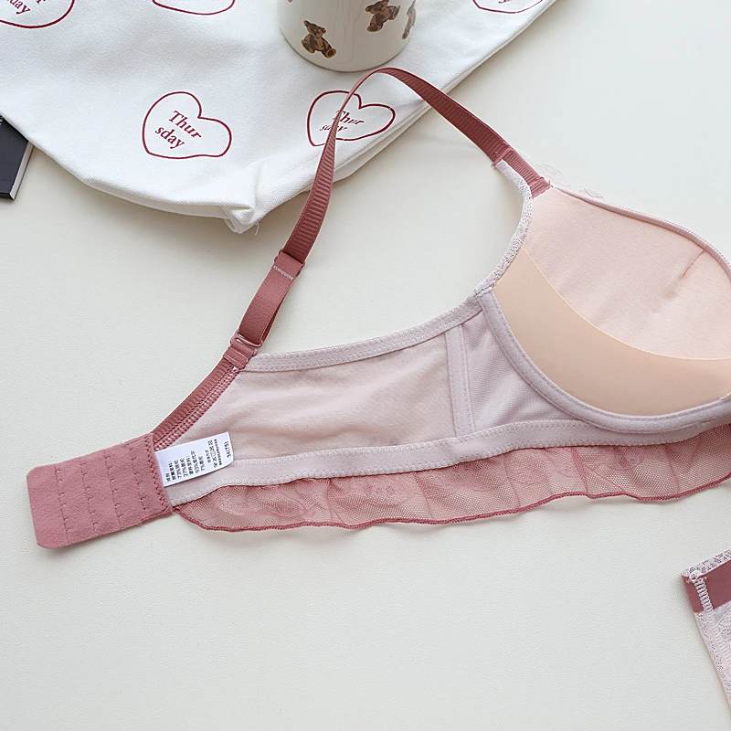 Raspberry little bralette soft underwear female lace no steel ring small chest thick cup gather bra briefs set